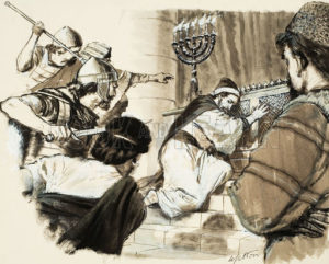 How Solomon became King. 1 Kings, Chapter 1. Adonijah rushed to the altar, where by law no man could harm him. Original artwork for illustration on p11 of Treasure no.82.